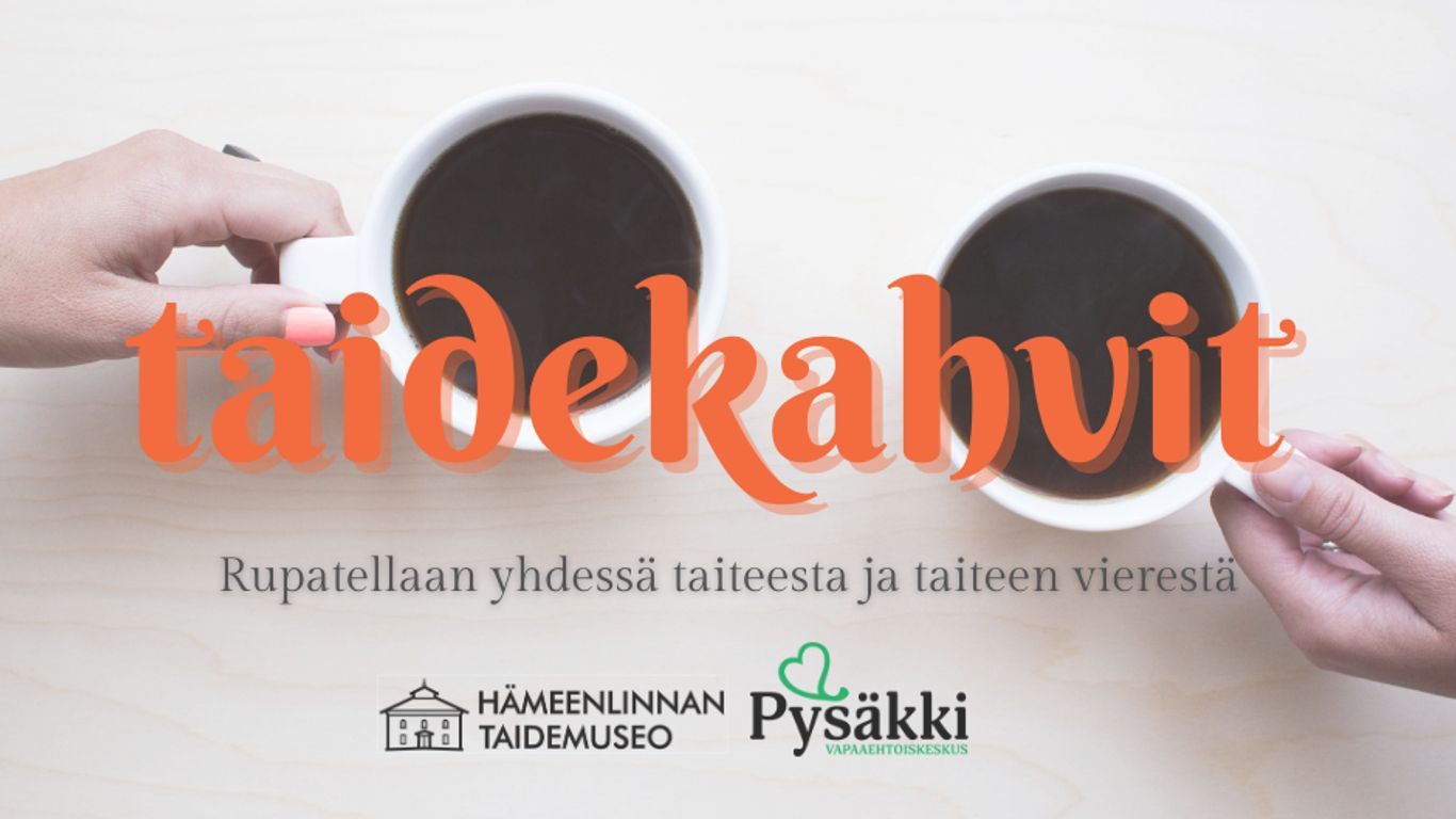 Kuvassa kaksi kahvikuppia ja isolla teksti taideka